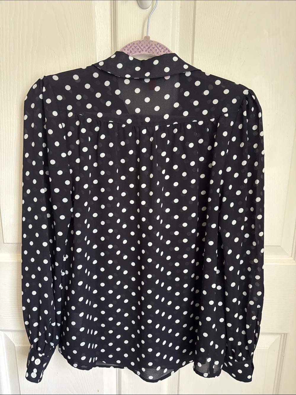 ModCloth Navy Blue & white Polka Dot Sheer Button-Up Collar Blouse Size Medium - Picture 2 of 13